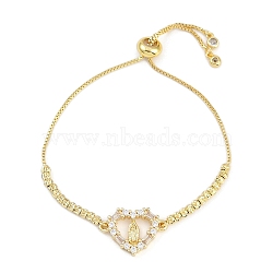 Virgin Mary Theme Brass Micro Pave Cubic Zirconia Slider Bracelets for Women, Long-Lasting Plated, Real 18K Gold Plated, Heart, Inner Diameter: 2-1/8 inch(5.5cm), link: 14~24x27~21x2~3mm(BJEW-U013-02G-05)