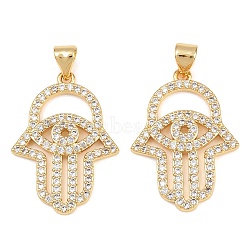 Brass Micro Pave Clear Cubic Zirconia Pendants, Hamsa Hand with Evil Eye Charms, Long-Lasting Plated, Rack Plating, Lead Free & Cadmium Free, Real 18K Gold Plated, 25x18x3mm, Hole: 3.5x4.5mm(KK-L275-51G-02)
