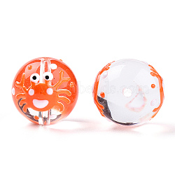Transparent Handmade Lampwork Beads, Round with Crab Pattern, Coral, 11.5x12x12.5mm, Hole: 1.2~1.6mm(LAMP-T011-32A)