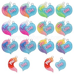 21 Sets 7 Colors Gradient Color Opaque Resin Pendants, with Glitter Powder, Couple Heart Charm with Word LOVE YOU, Mixed Color, 39x38.5x5.5mm, Hole: 3.5mm, 3 sets/color(RESI-SZ0001-90)
