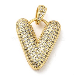 Brass Micro Pave Cubic Zirconia Pendants, Cadmium Free & Lead Free, Long-Lasting Plated, Real 18K Gold Plated, Letter V, 20.5x17x5.5mm, Hole: 4.5x3mm(KK-E061-03G-22)