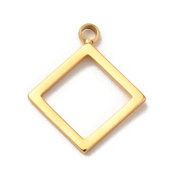 304 Stainless Steel Pendants,  Hollow Rhombus Charm, Real 14K Gold Plated, 15.5x13x1mm, Hole: 1.5mm
