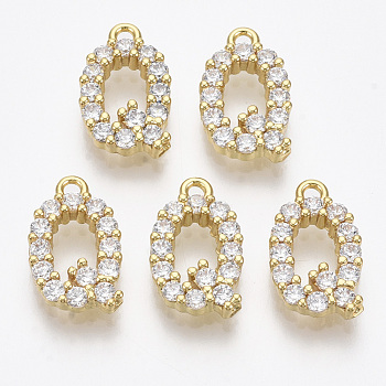 Brass Micro Pave Cubic Zirconia Charms, Nickel Free, Letter, Clear, Real 18K Gold Plated, Letter.Q, 13.5x8.5x2.5mm, Hole: 1.2mm