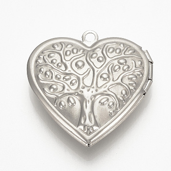 304 Stainless Steel Locket Pendants, Photo Frame Charms, Heart with Tree, Stainless Steel Color, 29x29x7mm, Hole: 2mm, inner measure: 17x21mm