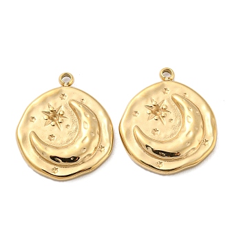 304 Stainless Steel Pendants, Flat Round with Moon & Star Charm, Real 14K Gold Plated, 18x15x3mm, Hole: 1.4mm