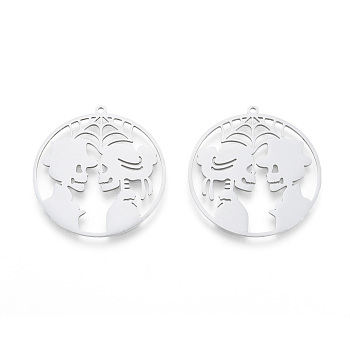 Halloween Skull 201 Stainless Steel Pendants, Flat Round, Laser Cut, Stainless Steel Color, 35x33x1mm, Hole: 1.5mm