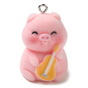 Flocking Resin Cute Pendants, Animal Charms with Platinum Plated Iron Loops and Musical Instruments, Pig, 38.5x26x27mm, Hole: 2.8mm