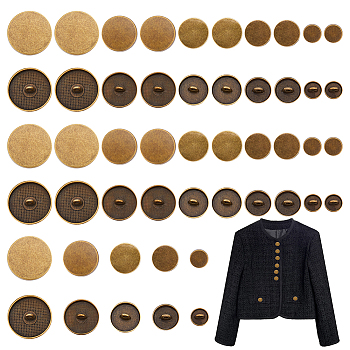 WADORN 50Pcs 5 Style 1-Hole Alloy Shank Buttons, Flat Round, Antique Bronze, 10~25x6.5~8mm, Hole: 2~2.5mm, 10pcs/style