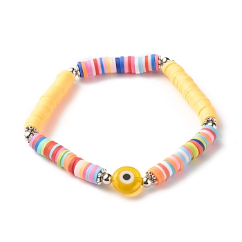 Handmade Polymer Clay Heishi Beads Stretch Bracelet, Flat Round with Evil Eye Lampwork Beads Lucky Bracelet for Women, Champagne Yellow, Inner Diameter: 2-1/4 inch(5.7cm)
