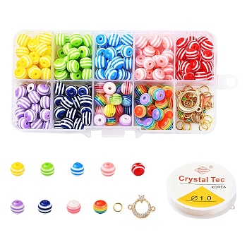 225Pcs Round Resin Beads, Alloy Links, Star & Cat Alloy Enamel Pendants, Elastic Stretch Thread and Iron Jump Rings, for DIY Jewelry Making Kits, Mixed Color, Beads: 225pcs/set