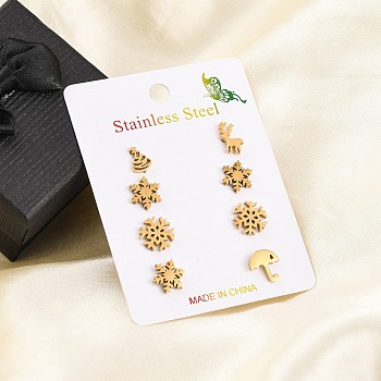 304 Stainless Steel Stud Earring Kits, for Christmas, Snowflake & Umbrella & Deer, Golden, 8~10x6~10mm