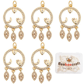 Beebeecraft Rack Plating Brass Micro Pave Clear Cubic Zirconia Pendants, with Jump Rings, Ring & Heart & Moon & Palm & Horse Eye, Real 18K Gold Plated, 32x18.5x2mm, Hole: 3.2mm, 5pcs/box