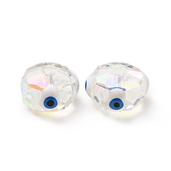 Transparent Glass Beads, with Enamel, Faceted, Rondelle with Evil Eye Pattern, White, 10x7.5mm, Hole: 1.5mm