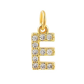 Brass Cubic Zirconia Pendants with Jump Rings, Real 18K Gold Plated, Letter E, 15x8.4x2.2mm, Hole: 2.8mm