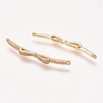 Brass Micro Pave Cubic Zirconia Links, Bowknot, Golden, 39x3x3.5mm, Hole: 1mm