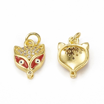 Brass Micro Pave Cubic Zirconia Charms, with Jump Ring & Enamel Evil Eye, Fox Head Charm, Golden, Red, 13.5x10x3mm, Hole: 3mm