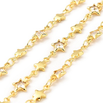 Handmade Brass Star Link Chains, with Clear Cubic Zirconia, Lead Free & Cadmium Free, Soldered, with Spool, Real 18K Gold Plated, 10x4x1.5mm, 10x5.5x2mm