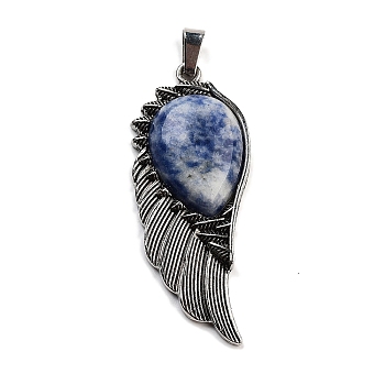 Natural Blue Spot Jasper Big Pendants, Wing Charms with Alloy Findings, Antique Silver, 56.5~57x22.5~23x7~8mm, Hole: 4x8.5mm