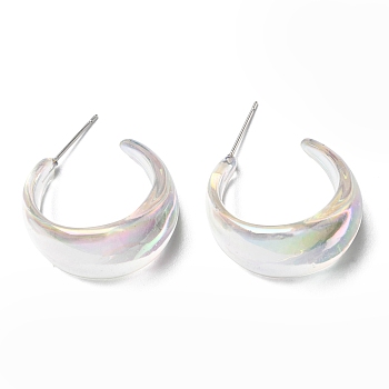 Resin Round Stud Earrings with 316 Stainless Steel Pins, Half Hoop Earrings, White, 26x13.5mm