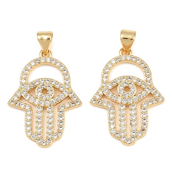 Brass Micro Pave Clear Cubic Zirconia Pendants, Hamsa Hand with Evil Eye Charms, Long-Lasting Plated, Rack Plating, Lead Free & Cadmium Free, Real 18K Gold Plated, 25x18x3mm, Hole: 3.5x4.5mm