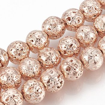 Electroplated Natural Lava Rock Beads Strands, Round, Bumpy, Rose Gold Plated, 4~5mm, Hole: 1mm, about 89pcs/strand, 15.7 inch