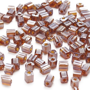 6/0 Glass Seed Beads, Transparent Colours Luster, Square Hole, Cube, Saddle Brown, 3~5x3~4x3~4mm, Hole: 1.2~1.4mm, about 1000pcs/100g