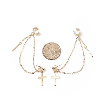 Brass Hanging Chain Dangle Stud Earrings with Ear Cuff, 304 Stainless Steel Cross Drop Earrings for Women, Golden, 80mm, Pin: 0.8mm