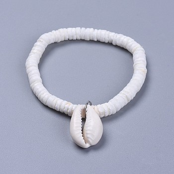 Cowrie Shell Charm Bracelets, with Natural White Shell Beads, Burlap Paking Pouches Drawstring Bags, 2 inch(5.1cm)