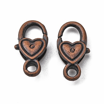 Tibetan Style Alloy Lobster Claw Clasps, Heart, Cadmium Free & Nickel Free & Lead Free, Red Copper, 17x9x5mm, Hole: 2mm