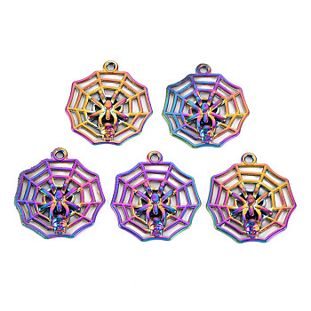 Rainbow Color Alloy Pendants, Cadmium Free & Nickel Free & Lead Free, for Halloween, Spider & Web, 29.5x27x3mm, Hole: 2mm