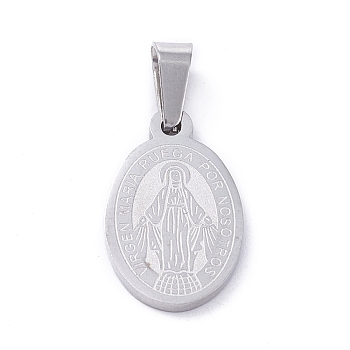 304 Stainless Steel Pendants, Oval with Virgin Mary, Stainless Steel Color, 16x10x1mm, Hole: 5x2.7mm