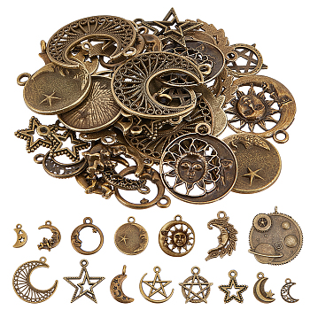 15 Styles Tibetan Style Alloy Pendants, Moon & Star Chrms, Antique Bronze, 16.5~40.5x9~37x1.5~5mm, Hole: 1.4~2.2mm