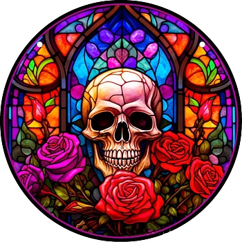 Halloween Skull Stained Acrylic Window Planel, for Suncatchers Window Home Hanging Ornaments, Flat Round, Colorful, 160x160x4mm