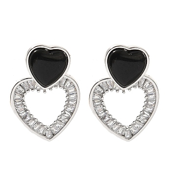 Brass Cubic Zirconia & Black Agate Stud Earrings, Cadmium Free & Lead Free, Heart, Platinum, 22x15mm