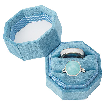 Octagon Velvet Ring Boxes, Jewelry Case for Ring Storage, Holds up to 3 Rings, Sky Blue, 4.8x4.8x4.5cm