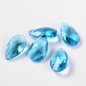 Faceted Teardrop Glass Pendants, Deep Sky Blue, 22x13x7mm, Hole: 1mm