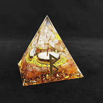 Viking Rune Symbol-Birth Orgonite Pyramid Resin Display Decorations, with Natural Quartz Crystal Chips Inside, for Home Office Desk, 50~60mm