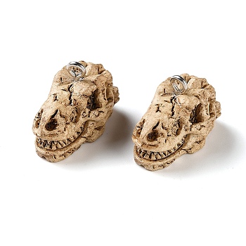 Skull Theme Opaque Resin Pendants, with Platinum Iron Loop, Dinosaur Charm, 15x22x13.5mm, Hole: 2mm