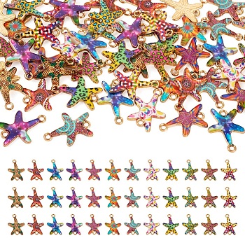 Pandahall 48Pcs 12 Colors Printed Alloy Connector Charms, Starfish Links, Light Gold, Mixed Color, 23x16x1.5mm, Hole: 1.8mm, 4pcs/color