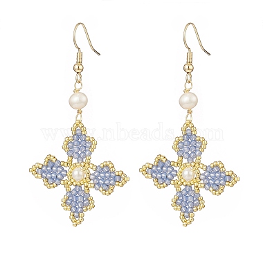Glass Seed Beaded Cross Fleury Dangle Earrings with Round Shell Pearl(EJEW-MZ00033)-4