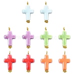 10Pcs 5 Colors Handmade Porcelain Pendants, with Iron Findings, Cross Charms, Golden, Mixed Color, 24mm, Hole: 3mm, 2pcs/color(PALLOY-FS00085)