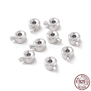 Rhodium Plated 925 Sterling Silver Crimp Beads, Loose Spacer Beads, Stopper Crimp Charms, Flat Round, Platinum, 4x3x2mm, Hole: 0.8mm, pin: 1mm(STER-D035-01P)