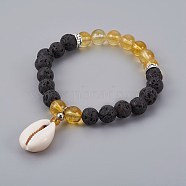 Cowrie Shell Charm Stretch Bracelets, with Quartz Crystal(Dyed & Heated) & Lava Rock Beads and Tibetan Style Alloy Spacers Beads, 2-1/4 inch(5.6cm)(BJEW-JB04088-03)