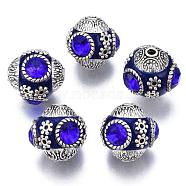 Handmade Indonesia Round Beads, with Glass Cabochons and Antique Silver Metal Color Double Alloy Cores, Midnight Blue, 14~15x15~16mm, Hole: 2mm(IPDL-R400-16)