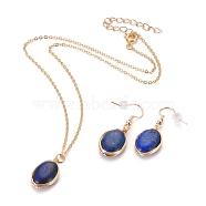 Natural Lapis Lazuli Pendant Jewelry Sets, Brass Cable Chain Necklaces & Dangle Earrings, with Brass Spring Ring Clasps, Earring Hooks and Plastic Ear Nuts, Oval, Golden, 15.94 inch(40.5cm), 38~39mm(SJEW-JS01130-03)