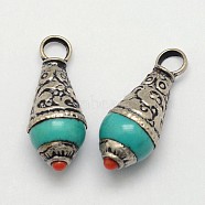 Brass Drop Pendants, with Resin Synthetic Turquoise and Antique Silver, Medium Turquoise, 26~28x11mm, Hole: 4mm(PALLOY-F127-B-02)
