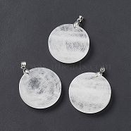 Natural Quartz Crystal Pendants, Rock Crystal Pendants, Flat Round Charms with Round Pattern, with Rack Plating Platinum Tone Brass Findings, Cadmium Free & Lead Free, 30x4~8mm, Hole: 4x4mm(G-P491-03P-07)