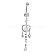 Real Platinum Plated Brass Rhinestone Heart and Tassel Navel Ring Belly Rings, Crystal, 75x14mm, Bar Length: 3/8"(10mm), Bar: 14 Gauge(1.6mm)(AJEW-EE0001-75A)
