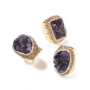 Natural Amethyst Druzy Open Cuff Ring with Rhinestone, Light Gold Plated Brass Wide Ring for Men Women, Cadmium Free & Lead Free, Light Gold, US Size 9(18.9mm)(G-I330-11LG)