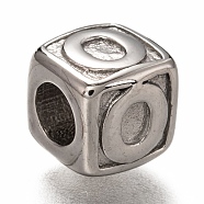 304 Stainless Steel European Beads, Large Hole Beads, Horizontal Hole, Cube with Letter, Stainless Steel Color, Letter.O, 8x8x8mm, Hole: 4.5mm(OPDL-L020-001O)